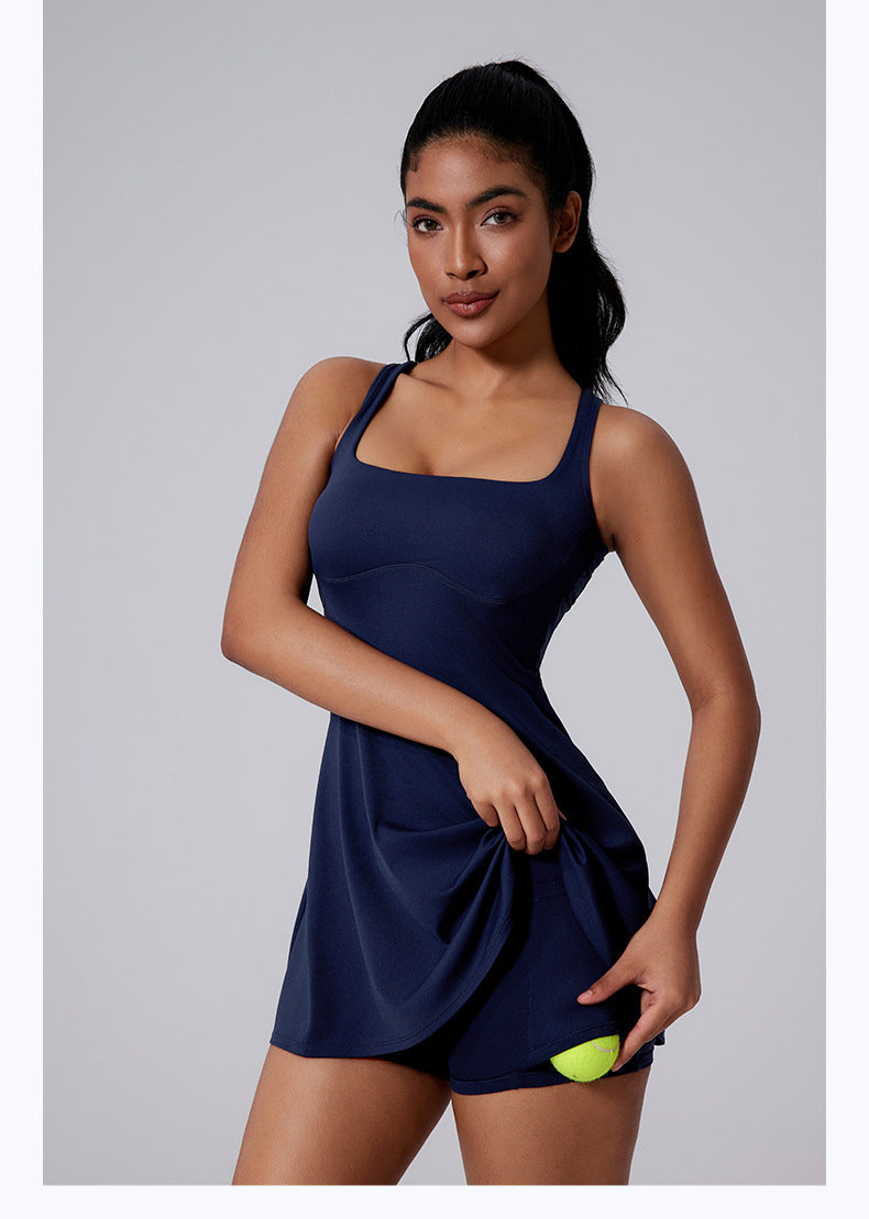 Women’s Hollow Back Tennis Dress – Pockets & Removable Pads Navy | Xyloflex – Stylish Women’s Activewear
