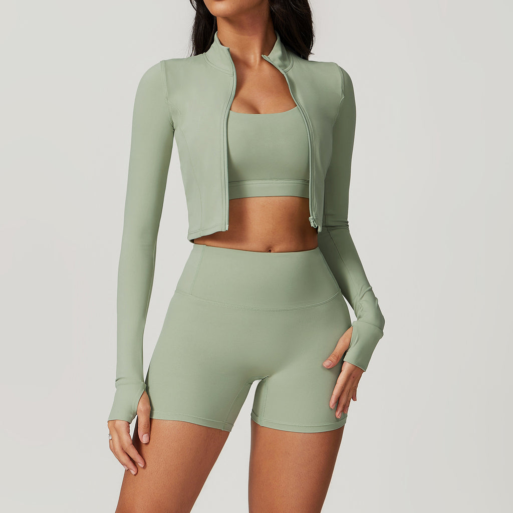 3-Piece Women's Gym Set – Crop Top, Bra Pea Green 3 Pieces Shorts Set | Xyloflex – Stylish Women’s Activewear