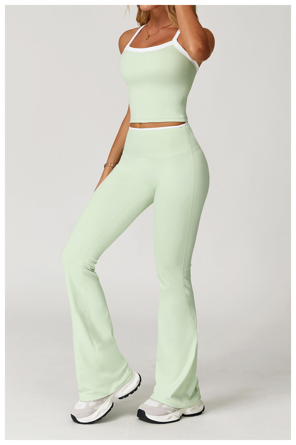 Women’s 2PCS Color Block Activewear Set – Cross-Back Gym Look Light Green Top+Flare Pants Set | Xyloflex – Stylish Women’s Activewear