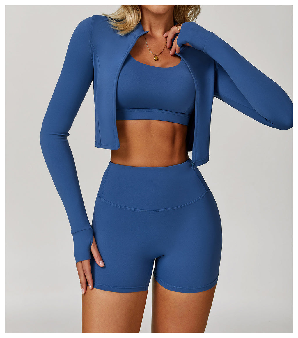 3-Piece Women's Gym Set – Crop Top, Bra Deep blue 3pcs Shorts Set | Xyloflex – Stylish Women’s Activewear