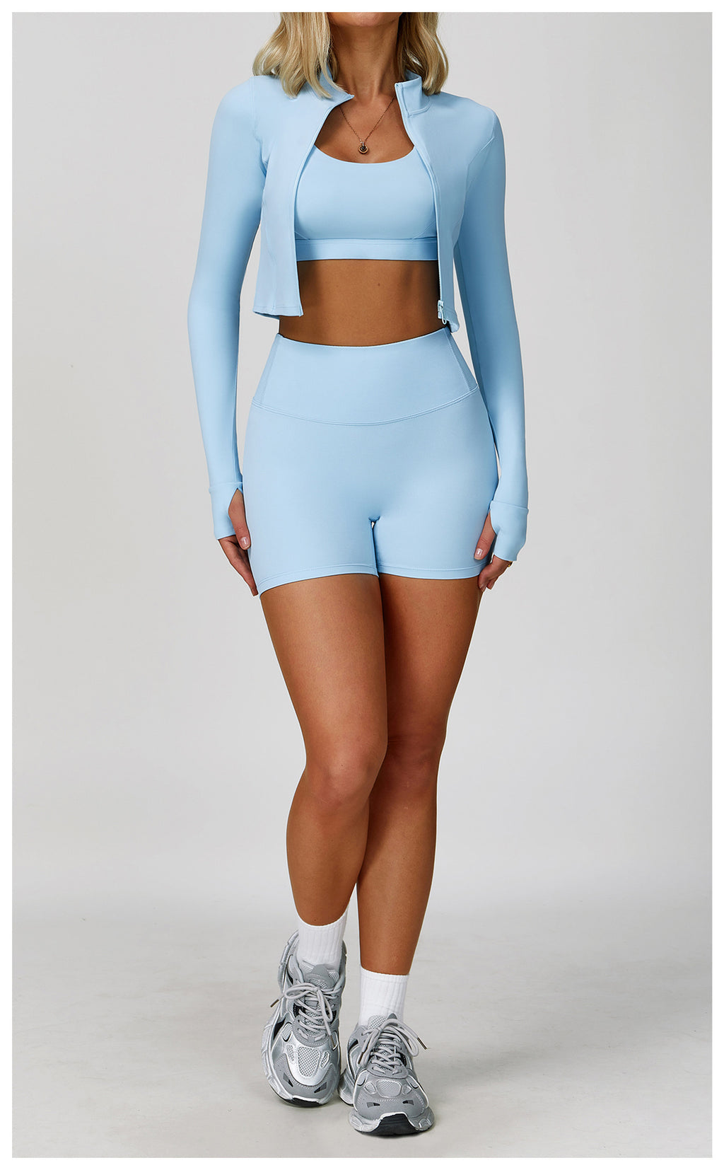 3-Piece Women's Gym Set – Crop Top, Bra Sky blue 3pcs Shorts Set | Xyloflex – Stylish Women’s Activewear