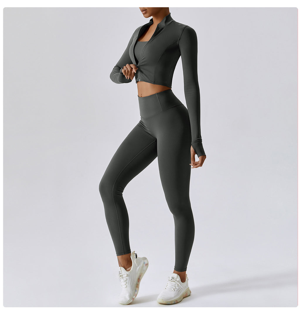3-Piece Women's Gym Set – Crop Top, Bra Gray 3 Pieces Leggings Set | Xyloflex – Stylish Women’s Activewear