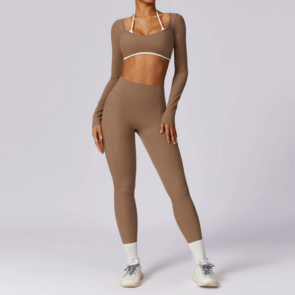 Women’s Ribbed Activewear Set – 2PCS Yoga & Gym Outfit Coffee - Long sleeve bra shirt & leggings | Xyloflex – Stylish Women’s Activewear