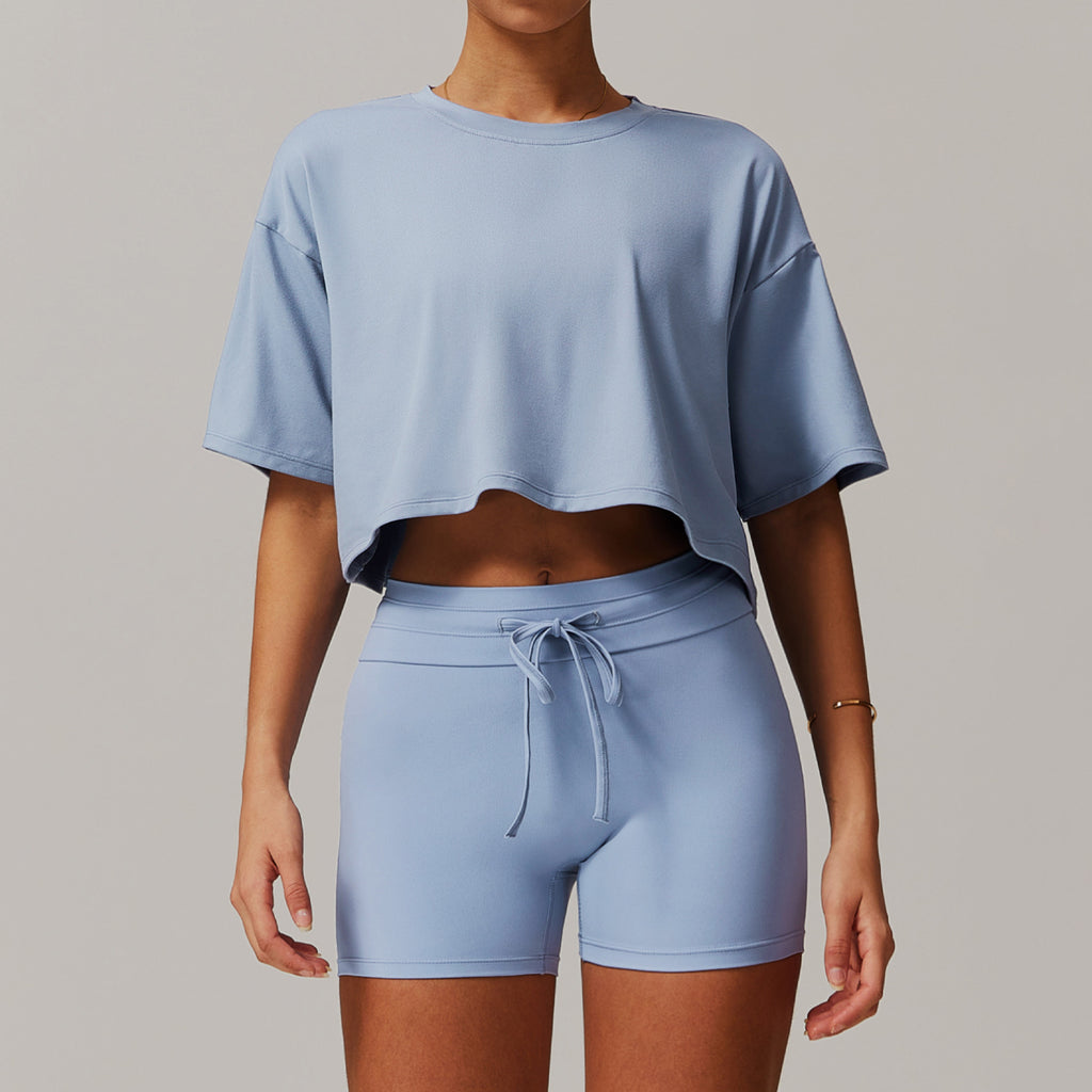 Women’s Loose Fit Activewear Set Short Sleeve+Shorts Set Light Blue | Xyloflex – Stylish Women’s Activewear