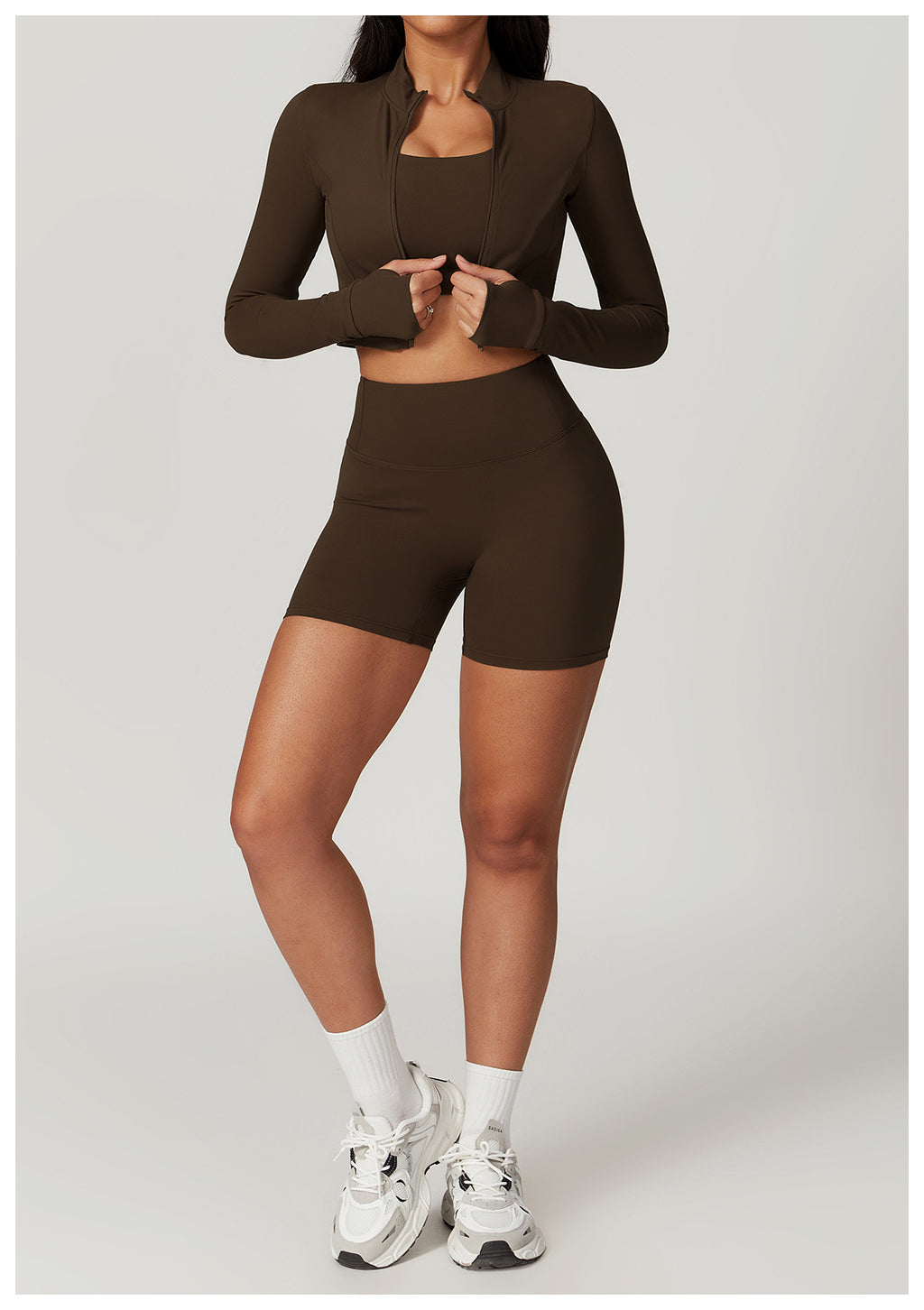 3-Piece Women's Gym Set – Crop Top, Bra Brown 3 Pieces Shorts Set | Xyloflex – Stylish Women’s Activewear