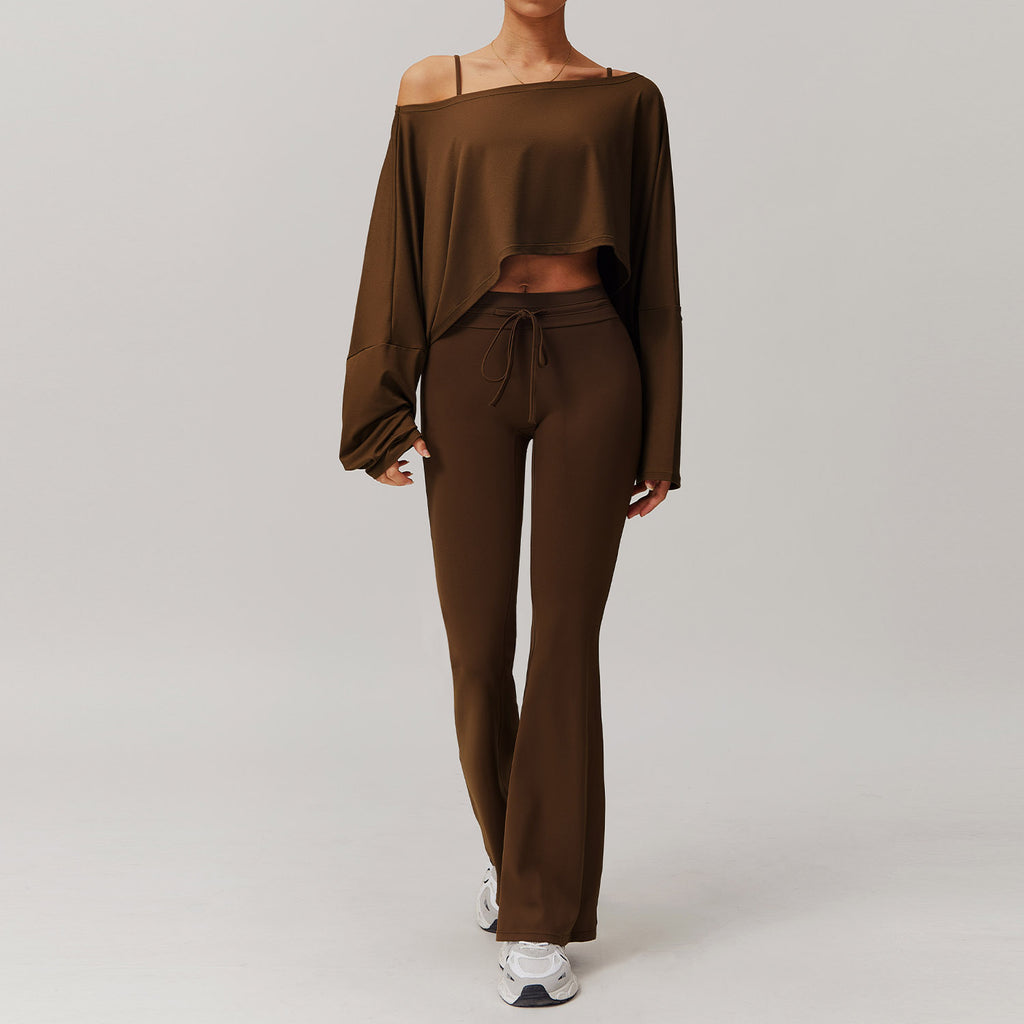 Women’s Loose Fit Activewear Set Long Sleeve+Flare Pants Set Brown | Xyloflex – Stylish Women’s Activewear