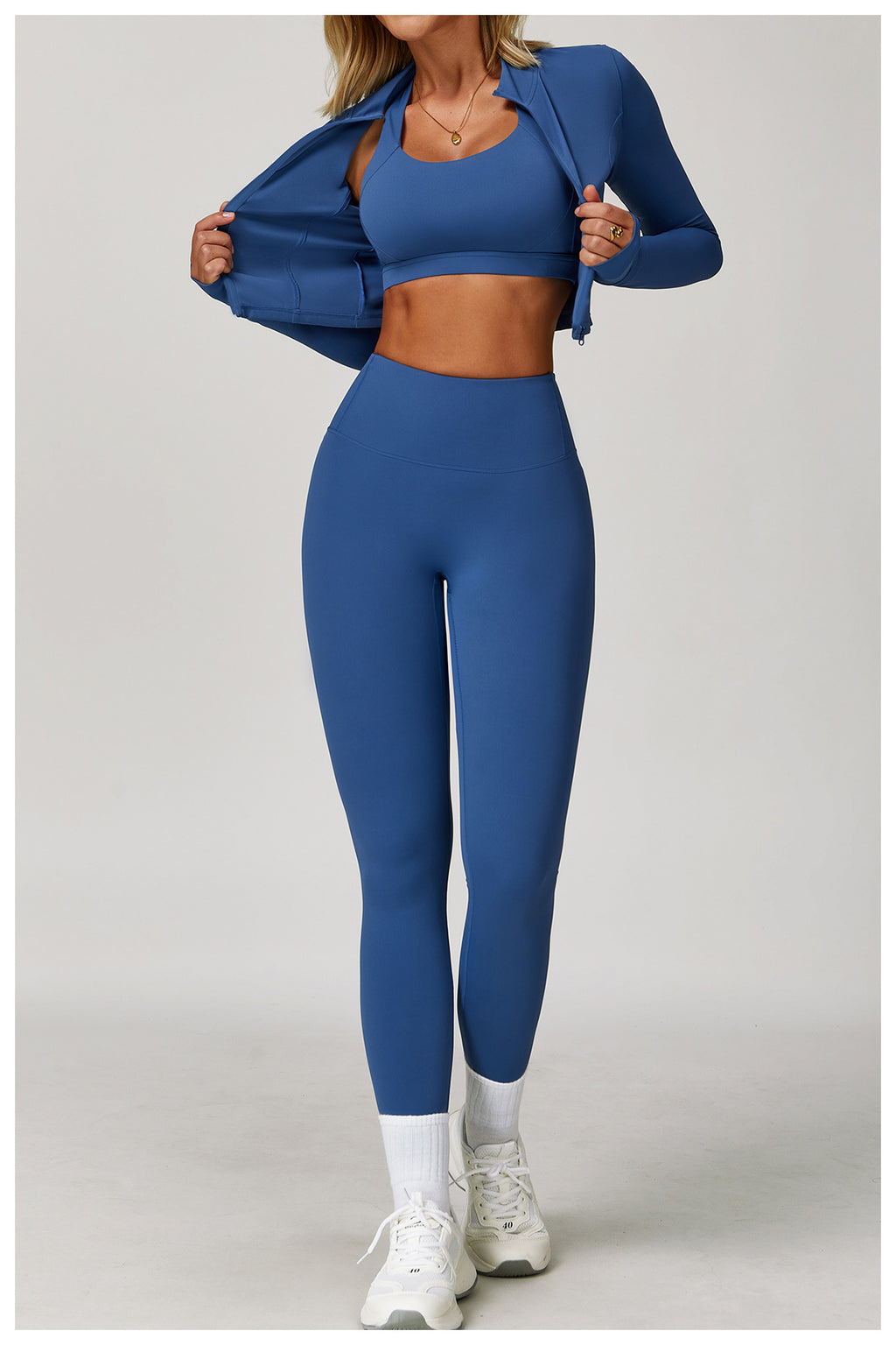 3-Piece Women's Gym Set – Crop Top, Bra Deep blue 3pcs Leggings Set | Xyloflex – Stylish Women’s Activewear