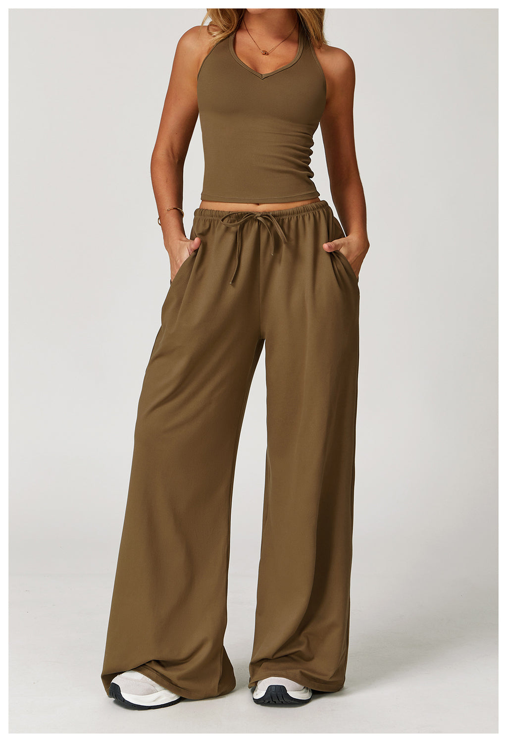 Women's Summer 2-Piece V-Neck Crop & Jogger Set Brown | Xyloflex – Stylish Women’s Activewear