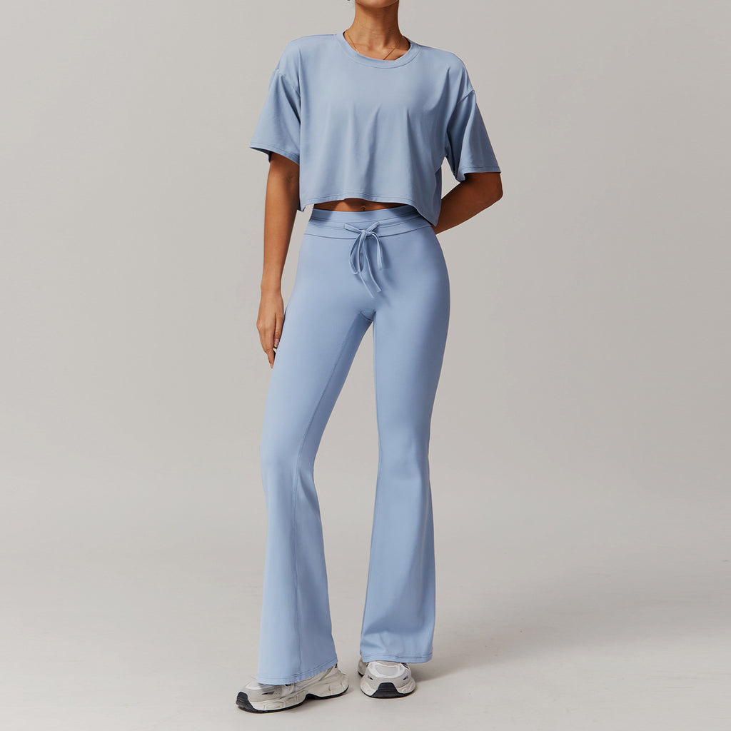 Women’s Loose Fit Activewear Set Short Sleeve+Flare Pants Set Light Blue | Xyloflex – Stylish Women’s Activewear