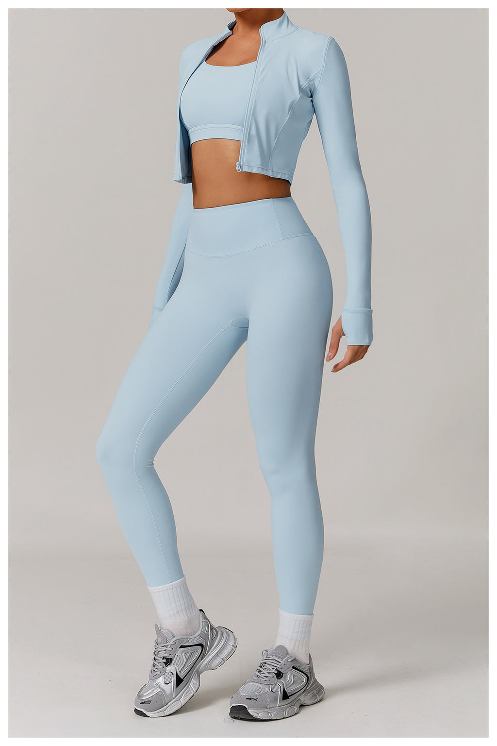 3-Piece Women's Gym Set – Crop Top, Bra Sky blue 3pcs Leggings Set | Xyloflex – Stylish Women’s Activewear