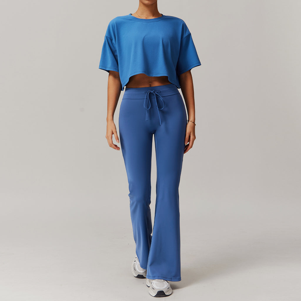 Women’s Loose Fit Activewear Set Short Sleeve+Flare Pants Set Dark Blue | Xyloflex – Stylish Women’s Activewear