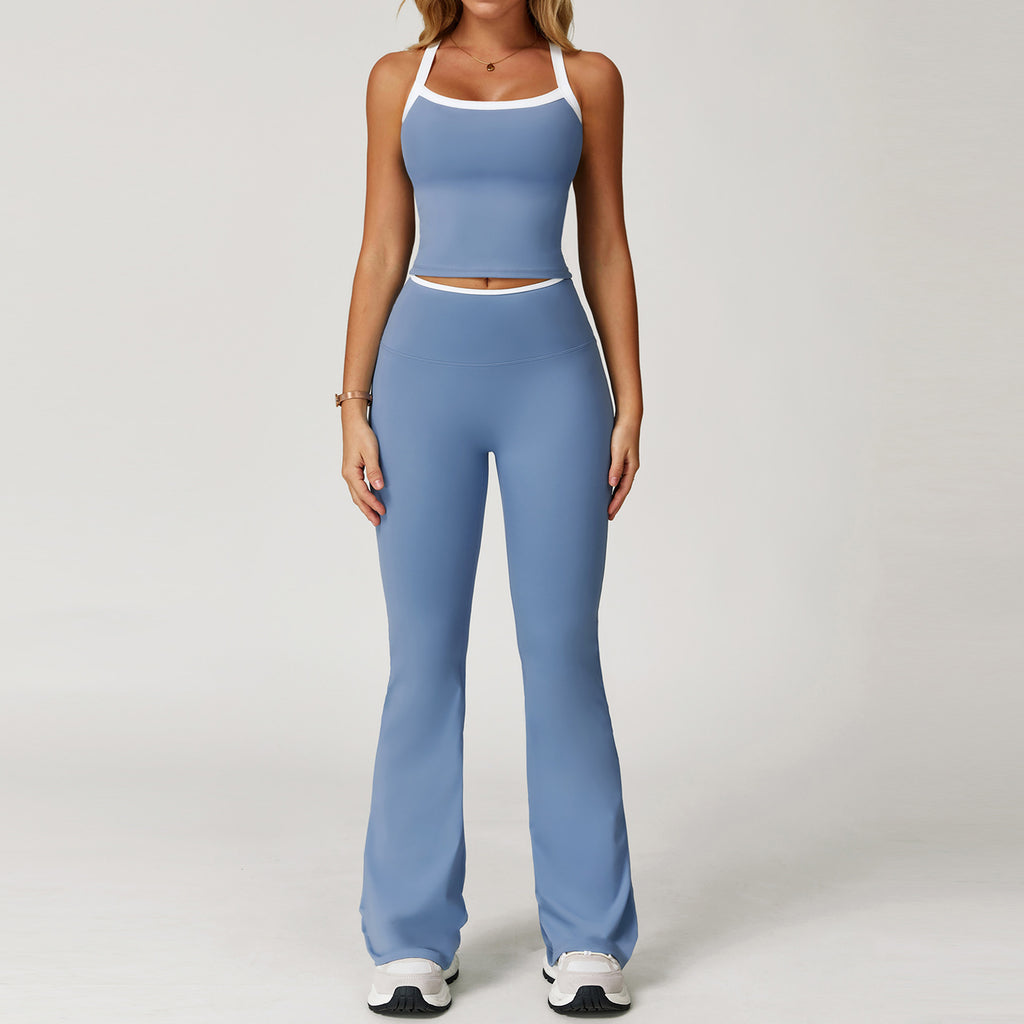 Women’s 2PCS Color Block Activewear Set – Cross-Back Gym Look Light Blue Top+Flare Pants Set | Xyloflex – Stylish Women’s Activewear