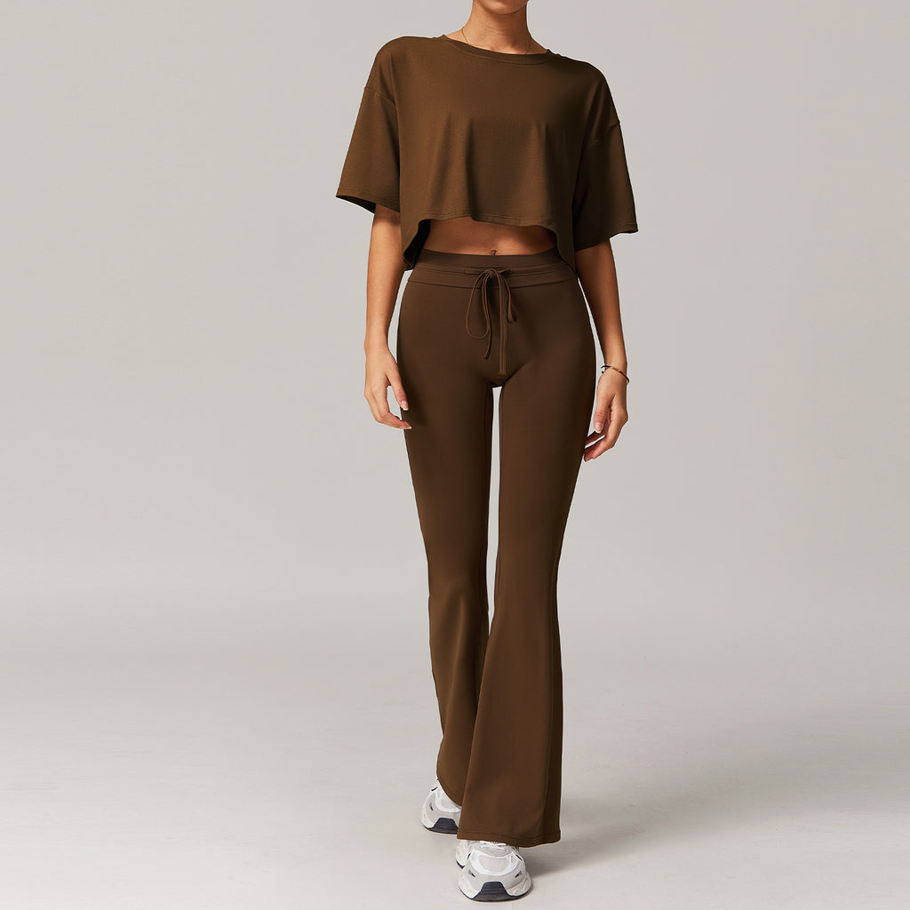 Women’s Loose Fit Activewear Set Short Sleeve+Flare Pants Set Brown | Xyloflex – Stylish Women’s Activewear