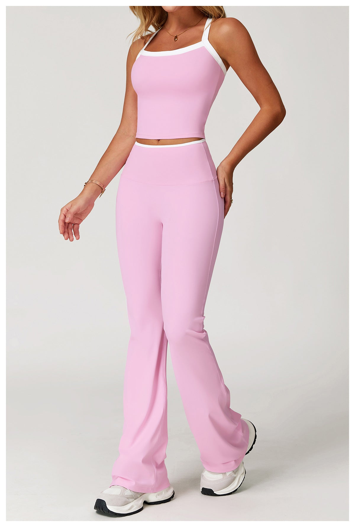 Women’s 2PCS Color Block Activewear Set – Cross-Back Gym Look Pink Top+Flare Pants Set | Xyloflex – Stylish Women’s Activewear